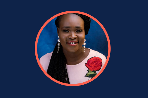 African woman portrait image in circle on blue background