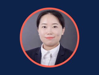 Asian female portrait image on blue background