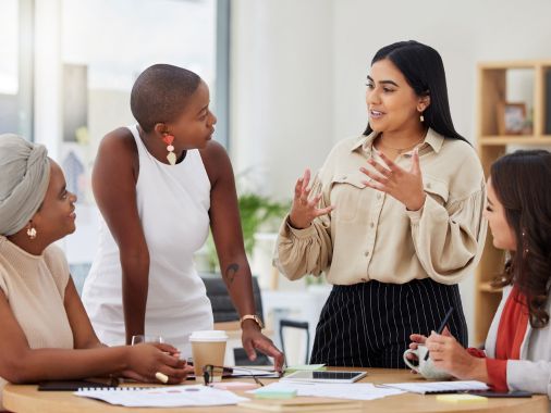 Diverse group, teamwork and young business women brainstorming, collaboration or cooperation.