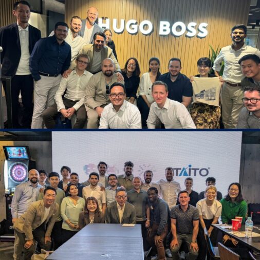 A group photo of PTMBA students at Hugo Boss and Taito in Tokyo